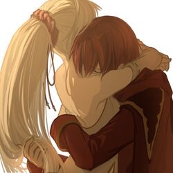  1boy azelle_(fire_emblem) backless_dress backless_outfit bad_id bad_pixiv_id closed_eyes couple dress female fire_emblem fire_emblem:_genealogy_of_the_holy_war harusame_(rueken) holding holding_another&#039;s_hair hug long_hair ponytail red_hair short_hair simple_background straight tailtiu_(fire_emblem) white_hair 