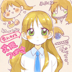  angry blue_necktie blush brown_hair cake collared_shirt commentary_request dessert evil_grin evil_smile female food fruit green_eyes grin happy heart kareshi_kanojo_no_jijou long_hair long_sleeves macaron necktie photoshop_(medium) poul-spring school_uniform sharp_teeth shibahime_tsubasa shirt smile smirk solo strawberry sweets teeth triangle_mouth wavy_hair white_shirt 