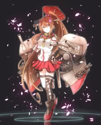  anchor armband asymmetrical_legwear bare_shoulders black_background black_legwear boots brown_eyes brown_hair commentary_request detached_sleeves female flower full_body hair_flower hair_ornament headgear high_heel_boots high_heels hip_vent kantai_collection kneehighs long_hair looking_at_viewer machinery oil-paper_umbrella over_shoulder pleated_skirt ponytail red_skirt red_umbrella ryukadomatsu sailor_collar single_kneehigh single_sock single_thighhigh skirt smile socks solo thighhighs umbrella uneven_legwear yamato_(kancolle) 