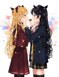  2girls adjusting_clothes alternate_costume bad_id bad_pixiv_id black_hair black_pantyhose black_thighhighs blazer blonde_hair commentary_request cosmetics dressing_another dual_persona ereshkigal_(fate) fate/grand_order fate_(series) hair_ribbon highres holding holding_lipstick_tube i_(yunyuniraaka) ishtar_(fate) jacket lipstick lipstick_tube long_hair looking_at_another makeup multiple_girls pantyhose photoshop_(medium) plaid plaid_skirt pleated_skirt red_eyes ribbon school_uniform serafuku siblings simple_background sisters skirt thighhighs two_side_up white_background zettai_ryouiki 