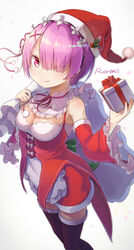  &gt;:) adapted_costume apron bare_shoulders black_thighhighs blurry blush bow box breasts carrying character_name christmas cleavage closed_mouth commentary cursive detached_collar detached_sleeves female frilled_apron frilled_sleeves frills from_above fur-trimmed_legwear fur_trim gift gift_box green_bow hair_ornament hair_over_one_eye hair_ribbon hairband hairclip hat highres holding looking_at_viewer maid medium_breasts miniskirt neck_ribbon pachi_(sugiyama0306) pink_eyes pink_hair pom_pom_(clothes) ram_(re:zero) re:zero_kara_hajimeru_isekai_seikatsu red_eyes red_skirt ribbon sack santa_costume santa_hat short_hair simple_background skirt skirt_set smile solo sparkle standing thighhighs underbust v-shaped_eyebrows waist_apron white_apron white_background white_bow x_hair_ornament zettai_ryouiki 