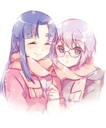  2girls asakura_ryouko baronet blue_hair blush breath brown_eyes closed_eyes coat commentary_request glasses half_updo holding_hands kita_high_school_uniform long_hair multiple_girls nagato_yuki nagato_yuki-chan_no_shoushitsu parted_bangs purple_hair scarf school_uniform serafuku short_hair sidelocks smile suzumiya_haruhi_no_shoushitsu suzumiya_haruhi_no_yuuutsu swept_bangs thick_eyebrows white_background winter_uniform 