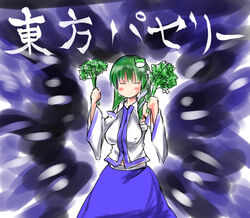  bad_id bad_nicoseiga_id breasts character_name closed_eyes cookie_(touhou) copyright_name detached_sleeves female food frog green_hair holding kochiya_sanae koro_(cookie) large_breasts paseri_(cookie) skirt solo touhou 