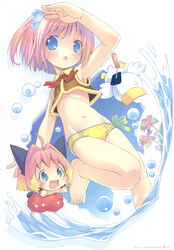  2girls :d :o absurdres ah-kun ahoge animal animal_ears artbook bare_legs barefoot bikini bikini_bottom_only bird blue_eyes blush cat_ears chibi crop_top crossover duck flat_chest gradient_hair green_eyes hair_bobbles hair_ornament hat highres looking_away magical_girl midriff moetan multicolored_hair multiple_girls nijihara_ink non-web_source o_o open_mouth palm_tree pop_(electromagneticwave) potemayo potemayo_(character) puffy_pants red_hair ribbon salute short_hair short_twintails side-tie_bikini_bottom smile swimsuit tree twintails water 