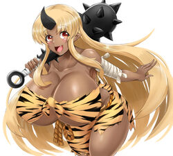  :d armpits bandage bangs blonde_hair breasts cleavage club cowboy_shot dark_skin eyebrows eyebrows_visible_through_hair female gigantic_breasts holding holding_weapon horn leaning_forward long_hair looking_at_viewer monster_girl monster_musume_no_iru_nichijou oerba_yun_fang ogre open_mouth orange_eyes pointy_ears solo spiked_club thighs tiger_print tionishia tongue very_long_hair virusotaku white_background 