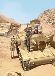  3girls 6+boys anchovy_(girls_und_panzer) bad_id bad_pixiv_id blurry brown_eyes car carpaccio_(girls_und_panzer) depth_of_field desert drill_hair furukawa_herzer girls_und_panzer green_hair highres image_sample military military_uniform military_vehicle motor_vehicle multiple_boys multiple_girls outdoors pepperoni_(girls_und_panzer) pixiv_sample semovente_75/18 tank uniform vehicle_focus world_war_ii 