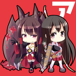  2girls akagi_(azur_lane) akagi_(kancolle) animal_ears archery arrow_(projectile) azur_lane black_gloves black_thighhighs bow_(weapon) breasts brown_hair chibi cleavage closed_mouth commentary_request crossover flight_deck fox_ears fox_tail full_body gloves hakama hakama_short_skirt hakama_skirt historical_name_connection holding holding_arrow holding_bow_(weapon) holding_weapon japanese_clothes kantai_collection kazekawa_nagi kyuudou large_breasts long_hair looking_at_viewer machinery mast multiple_girls multiple_tails muneate name_connection okobo partially_fingerless_gloves quiver red_background red_eyes red_skirt sandals shikigami simple_background skirt smile straight_hair tail tasuki thighhighs weapon white_thighhighs yugake 