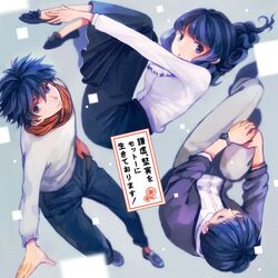  2boys blue_hair commentary_request copyright_name curly_hair enjou_shuusuke female kaburagi_masaya kenkyo_kenjitsu_wo_motto_ni_ikite_orimasu kisshouin_reika long_skirt long_sleeves moya_(3254224) multiple_boys plantar_flexion purple_eyes scarf skirt spiked_hair translated watch wristwatch 