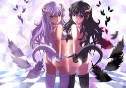  :p ass black_hair black_legwear black_vs_white checkered checkered_floor demon_girl fangs feathers gloves horns long_hair multiple_girls original pointy_ears polar_opposites red_eyes sukesan tail thighhighs tongue tongue_out white_hair white_legwear wings 