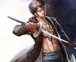  earrings facial_hair goatee jewelry male male_focus one_piece open_clothes open_shirt scabbard sheath shirt solo sword tattoo trafalgar_law weapon yam yamsong 