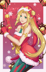  absurdres alternate_costume ambitious_elf_jinx armlet asymmetrical_gloves bare_shoulders blonde_hair bow box chinese_commentary christmas commentary_request dress female fur_trim gift gift_box gloves green_eyes green_neckwear hair_bun hairbow hat highres jinx_(league_of_legends) kokoala league_of_legends long_hair looking_at_viewer merry_christmas pantyhose photoshop_(medium) pink_lips pointy_ears red_bow red_gloves santa_hat short_dress side_ponytail sidelocks single_hair_bun smile snowflakes solo strapless strapless_dress striped_clothes striped_pantyhose teeth tube_dress uneven_gloves vertical-striped_clothes vertical-striped_pantyhose very_long_hair yellow_bow 