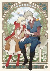  1boy aldnoah.zero animal_ears art_nouveau asseylum_vers_allusia big_bad_wolf big_bad_wolf_(cosplay) bird blonde_hair blue_eyes blush boots braid character_name commentary_request cosplay dress female flower french_braid green_eyes grey_hair grimm&#039;s_fairy_tales hood little_red_riding_hood little_red_riding_hood_(grimm) little_red_riding_hood_(grimm)_(cosplay) long_hair nana_(t-a-f) slaine_troyard smile tail wolf_ears wolf_tail 