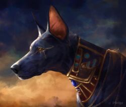  anubis black_body black_fur canid canine canis chains cloud collar dawn_(disambiguation) deity domestic_dog egyptian egyptian_mythology feral fur hi_res kohl mammal middle_eastern_mythology mythology pherigo sky yellow_eyes 