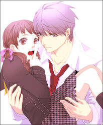  1boy aged_up brown_eyes brown_hair carrying chiru_(sanifani) commentary_request doujima_nanako female grey_hair hair_ribbon narukami_yuu necktie open_mouth persona persona_4 princess_carry ribbon school_uniform surprised teenage twintails 