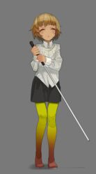  absurdres blind brown_hair cane closed_eyes commentary_request female flat_chest highres nanbo_ataru_(attall) original pantyhose short_hair skirt solo stitches white_cane 