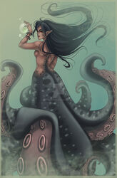  absurd_res animal_humanoid ass black_body black_hair black_skin bracelet breasts bubble butt_pose cecaelia cephalopod cephalopod_humanoid female hair harpyqueen hi_res humanoid humanoid_pointy_ears jewelry long_hair marine marine_humanoid merfolk mollusk mollusk_humanoid pose rear_view red_eyes side_boob solo split_form suckers suction_cup tentacle underwater water 