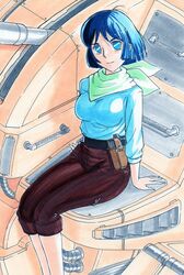  blue_eyes blue_hair breasts capri_pants female gun handgun hayami_jin highres holster large_breasts maria_(xabungle) mecha neckerchief pants pistol scarf sentou_mecha_xabungle short_hair sitting solo sweater weapon 