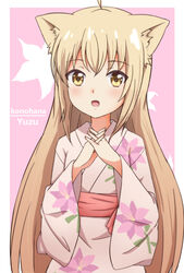  :d animal_ears blonde_hair blush character_name commentary_request copyright_name female fingernails floral_print fox_ears hair_between_eyes highres interlocked_fingers japanese_clothes kimono konohana_kitan long_hair looking_at_viewer oerba_yun_fang open_mouth pink_background pink_kimono print_kimono smile solo two-tone_background very_long_hair white_background x-6 yellow_eyes yuzu_(konohana_kitan) 