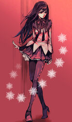  akemi_homura akemi_homura_(magical_girl) black_eyes black_hair bow commentary_request female hairband high_heels ideissai long_hair magical_girl mahou_shoujo_madoka_magica mahou_shoujo_madoka_magica_(anime) pantyhose shoes skirt snowflakes solo 