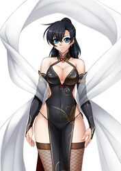  arm_strap arms_at_sides bad_source bare_shoulders black_dress black_hair blue_eyes breasts bridal_gauntlets china_dress chinese_clothes cleavage cleavage_cutout closed_mouth clothing_cutout collarbone covered_navel cowboy_shot dress earrings female fishnet_thighhighs fishnets fuuma_tokiko hagoromo hair_between_eyes halterneck high_ponytail highleg highleg_dress hip_focus hoop_earrings impossible_clothes impossible_dress jewelry kagami_hirotaka large_breasts legs_together light_smile long_hair long_sleeves looking_at_viewer official_art panties panty_straps pantylines pelvic_curtain ponytail revealing_clothes see-through shawl side-tie_panties side_cutout simple_background sleeveless sleeveless_dress smile solo standing string_panties taimanin_(series) taimanin_asagi taimanin_asagi_kessen_arena thighhighs turtleneck underwear white_background 