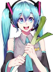  :d bare_shoulders blue_eyes blue_necktie breasts commentary detached_sleeves dizim english_commentary eyelashes female food grey_shirt hair_between_eyes happy hatsune_miku heart heart-shaped_pupils highres holding holding_food holding_spring_onion holding_vegetable long_hair looking_afar multicolored_eyes necktie open_mouth purple_eyes shirt simple_background sleeveless sleeveless_shirt small_breasts smile solo spring_onion standing straight_hair symbol-shaped_pupils teeth tongue twintails upper_body upper_teeth_only vegetable very_long_hair vocaloid white_background 