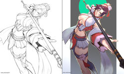  breasts cleavage closed_mouth commentary commission female line_art looking_at_viewer miniskirt partially_colored pili_budaixi pili_fantasy rejean_dubois short_hair simple_background sin-tshan-kiong skirt solo weapon white_background 