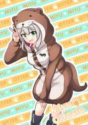  boots character_name english_text female green_eyes green_hair highres long_sleeves looking_at_viewer miyu_ottavia miyu_ottavia_(1st_costume) multicolored_hair nijisanji nijisanji_id nugi_(armenci) onesie otter_costume red_hair short_hair solo streaked_hair v virtual_youtuber zipper_footwear 