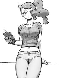  arm_support bad_id bad_pixiv_id blush breasts cleavage closed_mouth collarbone commentary crop_top cropped_shirt denim eyelashes female from_below greyscale hair_ornament hair_tie heart heart_hair_ornament holding holding_phone jeans long_hair looking_at_viewer midriff monochrome navel no_coat nutkingcall pants phone pokemon pokemon_swsh ribbed_shirt rotom rotom_phone shirt side_ponytail solo sonia_(pokemon) swept_bangs tied_hair v-neck 