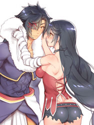  1boy ass backless_outfit bad_id bad_pixiv_id bandaged_arm bandages black_hair blush breasts butt_crack closed_mouth couple cowboy_shot eye_contact facial_mark female folks_(nabokof) grey_shorts hair_over_one_eye holding holding_towel long_hair looking_at_another medium_breasts micro_shorts open_mouth parted_lips rokurou_rangetsu shiny_skin shorts shoulder_blades sideboob simple_background sleeveless straight tales_of_(series) tales_of_berseria towel velvet_crowe very_long_hair white_background yellow_eyes 