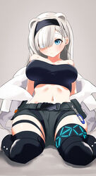  animal_ears arknights arm_support aurora_(arknights) aurora_(elite_ii)_(arknights) bare_shoulders bear_ears belt black_hairband black_shorts blue_eyes blush breasts closed_mouth coat collarbone commentary ert_raitsui eyebrows_hidden_by_hair eyes_visible_through_hair female hair_ornament hair_over_one_eye hairband hairclip highres infection_monitor_(arknights) knee_pads large_breasts leaning_back long_hair looking_at_viewer navel off_shoulder open_clothes open_coat short_shorts shorts sitting solo stomach strapless symbol-only_commentary tube_top wariza white_coat white_hair 