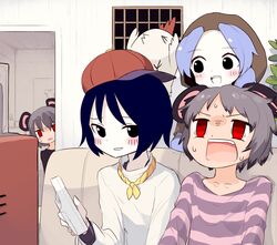  4girls :d alternate_costume baseball_cap bird black_eyes black_shirt blue_hair blue_shirt chicken commentary_request controller cookie_(touhou) couch flour_(cookie) game_controller grey_hair hat highres hood indoors kofji_(cookie) kumoi_ichirin light_blue_hair looking_at_another looking_to_the_side milk_(cookie) miyako_(naotsugu) multiple_girls murasa_minamitsu nazrin nyon_(cookie) open_mouth purple_shirt red_eyes red_headwear shirt short_hair sitting smile striped_clothes striped_shirt television the_chicken_that_appears_in_the_middle_of_cookie touhou upper_body white_shirt wii_remote window 