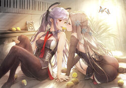  2girls animal animal_ear_fluff animal_ears ass azur_lane bare_shoulders bed_sheet black_dress braid breasts brown_eyes brown_hair brown_pantyhose brown_sleeves bug butterfly commentary_request detached_sleeves dress ek_masato enterprise_(azur_lane) essex_(azur_lane) eye_contact food food_in_mouth fruit glasses hair_ornament hand_on_own_leg highres holding_hands lemon lemon_slice long_hair long_sleeves looking_at_another medium_breasts mouth_hold multiple_girls no_shoes pantyhose parted_lips photoshop_(medium) pillow pince-nez ponytail purple_hair rabbit_ears shangri-la_(azur_lane) shared_food sleeveless sleeveless_dress sleeves_past_wrists snowflake_hair_ornament soles teeth upper_teeth_only very_long_hair yuri 