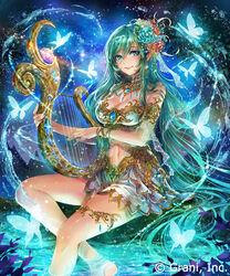  bare_shoulders barefoot blue_butterfly blue_eyes breasts bug butterfly cleavage commentary_request detached_sleeves earrings elf female flower gem green_hair hair_flower hair_ornament harp instrument jewelry large_breasts lips long_hair looking_at_viewer midriff navel necklace official_art pointy_ears poshii_(posy) shingoku_no_valhalla_gate sitting smile solo very_long_hair 