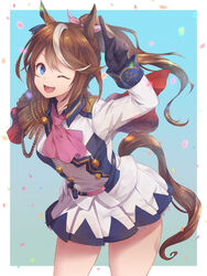  ;d animal_ears arm_up ascot bad_id bad_pixiv_id black_gloves blue_eyes breasts brown_hair commentary_request confetti cowboy_shot epaulettes female gloves high_ponytail highres horse_ears horse_girl horse_tail index_finger_raised jacket leaning_forward long_hair long_sleeves looking_at_viewer medium_breasts multicolored_hair one_eye_closed open_mouth pink_ascot pleated_skirt ponytail single_epaulette skirt smile solo standing streaked_hair tail tokai_teio_(umamusume) two-tone_background umamusume white_hair white_jacket white_skirt yue_(lov_n_n) 