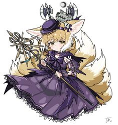  alternate_costume animal_ears arknights axe braid cosplay crescent_moon detached_sleeves dress extra_ears female fox_ears fox_girl fox_tail green_eyes hairband hat holding holding_staff kitsune kyuubi light_blush long_hair looking_at_viewer moon morte_(arknights) multiple_tails official_alternate_costume puffy_short_sleeves puffy_sleeves purple_dress purple_hairband purple_headwear shamare_(arknights) shamare_(arknights)_(cosplay) shamare_(echo_of_the_horrorlair)_(arknights) short_sleeves signature simple_background solo staff suzuran_(arknights) tail tun upper_body white_background wrist_cuffs 