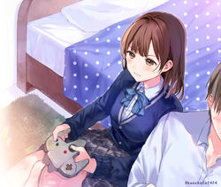  1boy bed bedside blue_bow blue_cardigan blush bow brown_eyes brown_hair cardigan commentary_request controller dress_shirt faceless faceless_male female game_controller gamepad hanekoto holding holding_controller holding_game_controller medium_hair nintendo_64_controller on_floor original osananajimi_(hanekoto) out_of_frame pillow plaid plaid_skirt playing_games polka_dot rug school_uniform shirt sitting skirt sweat sweatdrop wavy_mouth white_shirt 