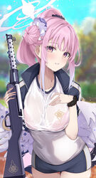  absurdres angel_wings blue_archive blurry blurry_background blush bra bra_visible_through_clothes breasts buruma commentary cowboy_shot female gradient_eyes gun gym_uniform hair_bun halo hand_on_own_chest high_ponytail highres holding holding_gun holding_weapon insignia jacket jacket_on_shoulders kaya_(tyhk7874) lanchester_smg large_breasts leaning_forward long_hair looking_at_viewer looking_to_the_side low_wings mika_(blue_archive) multicolored_eyes outdoors parted_lips pink_bra pink_hair pink_halo purple_eyes scrunchie shirt short_sleeves sidelocks single_side_bun solo submachine_gun sweat track_jacket underwear weapon wet wet_clothes wet_shirt white_shirt wing_ornament wings wrist_scrunchie yellow_eyes 