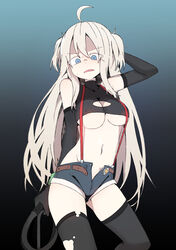  ahoge black_background black_gloves black_thighhighs blonde_hair blue_background blue_eyes blush breasts bural_chingu cleavage cleavage_cutout clothing_cutout commentary elbow_gloves female gloves gradient_background hair_between_eyes highres korean_commentary large_breasts long_hair looking_at_viewer luke_(dydansgur) navel oerba_yun_fang open_clothes open_mouth open_shorts park_noah short_shorts shorts skin_fang solo suspender_shorts suspenders sweatdrop thighhighs torn_clothes torn_thighhighs two_side_up underboob very_long_hair whip 