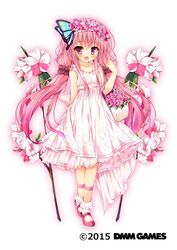  :d ankle_strap arm_behind_back basket blush butterfly_hair_ornament collarbone copyright_name dmm dress female flower flower_basket flower_knight_girl full_body hair_flower hair_ornament hair_scrunchie hanamomo_(flower_knight_girl) highres huei_nazuki long_hair looking_at_viewer low_twintails mary_janes name_connection object_namesake official_art open_mouth pink_eyes pink_footwear pink_hair scrunchie shoes sleeveless sleeveless_dress smile socks solo standing striped twintails vertical_stripes white_background white_dress white_flower white_socks 