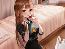  bag bed belt black_shirt black_vest blush bookshelf brown_eyes brown_hair candy covered_navel crop_top curtains double-parted_bangs female food futon haneiro highres holding holding_food idol indoors lollipop long_hair looking_at_viewer official_art original pillow pink_nails shirt sidelocks solo stomach tongue tongue_out vest 