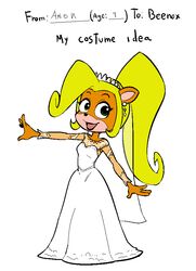  activision anthro bandicoot blonde_hair clothing coco_bandicoot crash_(series) digit_ring dress english_text female fur green_eyes hair jewelry mammal mario-grant marsupial orange_body orange_fur ponytail ring solo text wedding_dress wedding_ring 