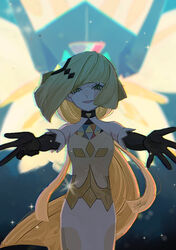  bare_shoulders black_choker black_gloves blonde_hair choker commentary_request dress elbow_gloves eyelashes female gloves hair_ornament highres ivelovedsekaowa long_hair looking_at_viewer lusamine_(pokemon) lusamine_(sygna_suit)_(pokemon) necrozma necrozma_(dusk_mane) official_alternate_costume outstretched_arms parted_lips pokemon pokemon_(creature) pokemon_masters_ex signature smile sparkle very_long_hair 