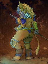  anthro armor ass blizzard_entertainment bovid bovine breasts butt_pose carduelis female fur headgear helmet hi_res holding_object holding_weapon mammal mane melee_weapon polearm pose signature simple_background solo spear tauren thick_thighs unconvincing_armor under_boob warcraft weapon yewle_scorchedhoof 