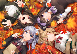  4girls :d akagi_kurage animal_ears arashio_(azur_lane) asashio_(azur_lane) autumn autumn_leaves azur_lane bag black_cardigan blue_eyes blurry bow bowtie braid breasts brown_cardigan brown_hair brown_sweater buttons cardigan cat_ears circle_formation closed_eyes collared_shirt commentary depth_of_field eating food from_above grey_hair hairbow holding large_breasts leaf long_hair long_sleeves looking_at_viewer lying maple_leaf michishio_(azur_lane) multiple_girls off_shoulder on_back ooshio_(azur_lane) open_mouth outdoors paint paintbrush palette_(object) paper_bag purple_bow purple_bowtie purple_eyes red_bow red_bowtie red_eyes roasted_sweet_potato shirt sleeping smile sweater sweater_vest sweet_potato twin_braids undershirt white_shirt 