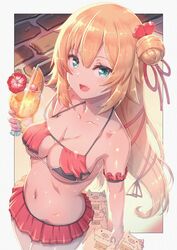  :d absurdres akai_haato akai_haato_(hololive_summer_2019) bikini bikini_skirt blonde_hair blue_eyes bow breasts cleavage cocktail_glass commentary_request cup drinking_glass drinking_straw female flower haaton_(akai_haato) hair_bun hair_ornament hair_ribbon hairbow heart heart_hair_ornament hibiscus highres hololive ichihachiyon long_hair medium_breasts official_alternate_costume official_alternate_hairstyle open_mouth red_bikini ribbon single_side_bun smile solo stone_floor swimsuit very_long_hair virtual_youtuber 