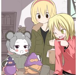  3girls alice_margatroid alternate_costume animal_ears bad_id bad_twitter_id basket black_eyes black_shirt blonde_hair blush brown_eyes closed_mouth coat colored_skin commentary_request cookie_(touhou) copyright_request flour green_coat grey_hair grey_sweater hair_between_eyes hairband hinase_(cookie) holding holding_basket inactive_account indoors kirisame_marisa long_sleeves looking_at_another medium_hair milk_carton miyako_(naotsugu) mouse_ears multiple_girls nazrin nyon_(cookie) one_eye_closed open_mouth pointing red_hairband red_shirt shelf shirt short_hair sweater touhou upper_body uzuki_(cookie) white_skin window yellow_eyes 