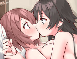  2girls asymmetrical_docking bed bedroom black_eyes black_hair blush breast_press breasts brown_eyes brown_hair close-up commentary_request eye_contact hair_over_one_eye holding_another&#039;s_wrist hoshino_miyako_(wataten) indoors kissing long_hair looking_at_another lying matsumoto_kouko multiple_girls nude on_back pillow short_hair signature usagi_koushaku watashi_ni_tenshi_ga_maiorita! yuri 