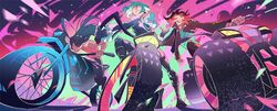  3boys ascot black_hair commentary_request dune_buggy felicia_chen fire green_fire green_hair gueira highres jacket leather leather_jacket lio_fotia long_hair mad_burnish male_focus meis_(promare) motor_vehicle motorcycle multiple_boys pink_fire promare purple_eyes purple_fire red_hair 