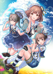  3girls :d anchor_print badge beret blue_ribbon brown_eyes brown_footwear brown_hair bubble cloud commentary_request doukyuusei_(hanekoto) dress hair_ribbon hanekoto happy_tears hat imouto_(hanekoto) loafers multiple_girls open_mouth original osananajimi_(hanekoto) rainbow ribbon sailor_collar sailor_dress ship&#039;s_wheel shoes short_sleeves shorts sky smile socks striped_clothes striped_socks tearing_up tears twintails unworn_hat unworn_headwear white_headwear white_legwear 