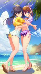  2girls ;) bare_legs beach bikini bikini_skirt black_hair blue_eyes blush breasts brown_hair closed_mouth cloud day earrings feet full_body grin hair_ribbon highres hug jewelry kitami_ayumu kneepits legs long_hair multiple_girls nail_polish nanami_rona navel ocean one_eye_closed original outdoors palette_project pleated_skirt poligon_(046) purple_bikini purple_nails ribbon sandals shadow short_sleeves sidelocks skirt sky smile standing swimsuit thighs toenail_polish toenails toes tree_shade virtual_youtuber water white_skirt yellow_bikini 